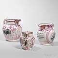 Three Staffordshire Transferdecorated Pink Lusterware Presentation Pitchers