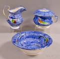 Threepiece Peafowldecorated Blue Spatterware Chamber Set