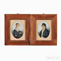 American School 19th Century Pair of Folk Portraits of a Man and a Woman