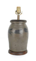Stoneware crock with blue floral decoration converted to an electric table lamp