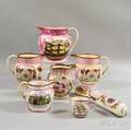 Seven Staffordshire Pink Lustre Transferdecorated Table Items