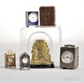 Five Miniature Enameled Brass and Silver Clocks