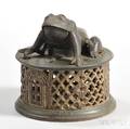 J  E Stevens Co Frog on Round Base Mechanical Bank