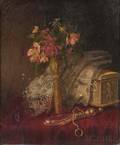 Morston Constantine Ream American 18401898 Still Life with Flowers in a Gold Vase Lace Handkerchief and Objets de Vertu