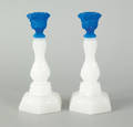 Pair of Sandwich glass blue and clambroth candlesticks ca 1850