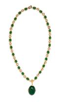 A Jomaz Green Cabachon and Goldtone Necklace