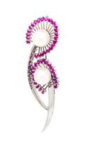 An 18 Karat White Gold Ruby and Cultured Pearl Brooch