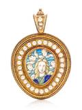 An Art Nouveau Gold Pearl and Plique a Jour Enamel Pendant