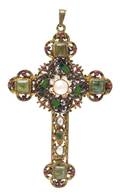 A Gilt Silver Polychrome Enamel Emerald Pearl and Paste Cross Pendant AustroHungarian