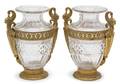 A Pair of French Empire Style Gilt Bronze Mounted Glass Urns