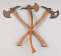 Three wood and iron fire axes 19th c