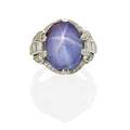 Art deco star sapphire diamond  platinum ring