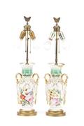 Pair Old Paris Porcelain Floral Urn Motif Lamps