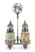 Faience Salt  Pepper Shakers in Silver Caddy