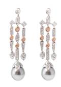 Pair 14k TwoTone Gold Diamond  Pearl Earrings