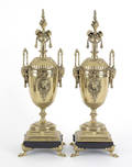 Pair of neoclassical brass and slate urns 20th c
