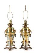 Pair French Green Metallic  Gilt Moderator Lamps