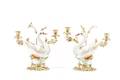 Pair Mangani Enameled Porcelain Swan Candelabra