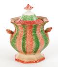 Red and green rainbow spatter covered sugar and creamer 19th c