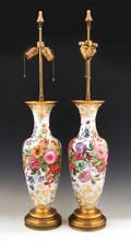 Pair of painted milk glass table lamps