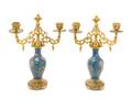 A Pair of French Gilt Bronze and Cloisonne TwoLight Candelabra