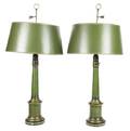 A Pair of Green and Gilt Decorated Table Lamps