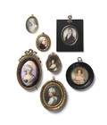 Seven watercolor and oil on porcelain miniature portraits