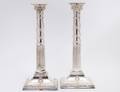 PAIR OF NEOCLASSICAL STYLE SILVER PLATE CANDLESTICKS
