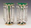 Pair of Bohemian enameled emerald glass lusters