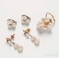14kt Gold and Cultured Pearl Cluster Ring and Two Pairs of Earrings
