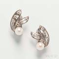 14kt White Gold Diamond and Cultured Pearl Earclips