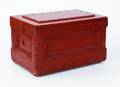 Red painted tool box with parquetry interior