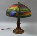 Patinated Metal and Reversepainted Glass Table Lamp
