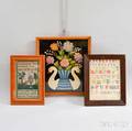 Two Framed Needlework Samplers and a Needlepoint Pictures