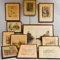 Ten Framed Etchings Lithographs and Engravings