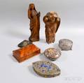 Four Covered Boxes and Two Carved Wood Figures