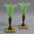 Pair of Green Opaline Glass and Metalmounted Mantel Vases