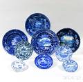 Nine Staffordshire Blue Transferdecorated Dishes