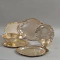 Two Sterling Silver Revere Reproduction Bowls and Five Silverplated Trays