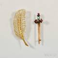 14kt Gold Gemset Sword Brooch and a Goldplated and Pearl Feather Brooch