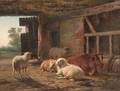Frans Lebret Dutch 18201909 Resting Sheep and Cow in a Sunlit Barn