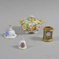 Two Herend Porcelain Bells a Coalport Covered Box and a Carriage Clock
