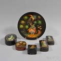 Five Russian Lacquered Boxes and a Plate