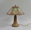 Art Nouveaustyle Bronzed Ceramic Metal Overlay and Slag Glass Table Lamp