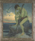 Oil on canvas illustration of a man seated on a rock