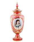 Moser Cranberry Glass Urn with Portrait of Beauty