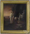 English oil on canvas religious scene of Jesus and angels