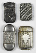 Four embossed silverplated match vesta safes