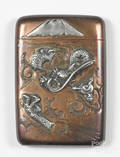 Japanese mixed metal match vesta safe with dragon and mountain decoration