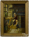 Oil on canvas interior of a woman and child sewing
